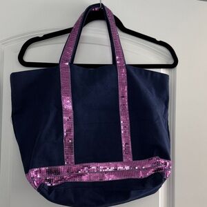 Navy Blue Tote Bag with Pink Sequin Accents